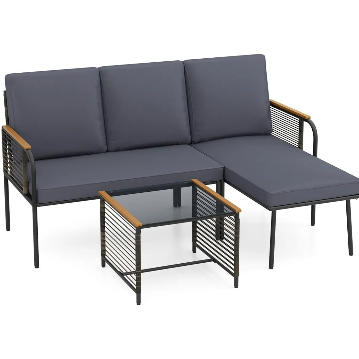 3-teiliges Geflecht-Möbelset Outdoor L-förmiges Sofa mit Kissen & Sicherheitsglas-Beistelltisch Grau