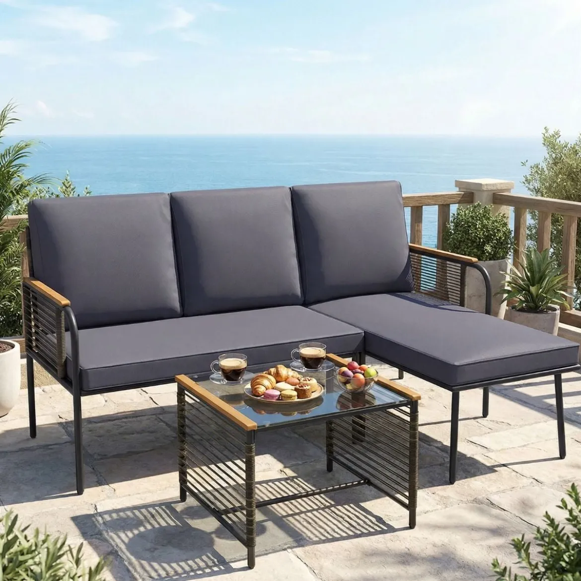 3-teiliges Geflecht-Möbelset Outdoor L-förmiges Sofa mit Kissen & Sicherheitsglas-Beistelltisch Grau