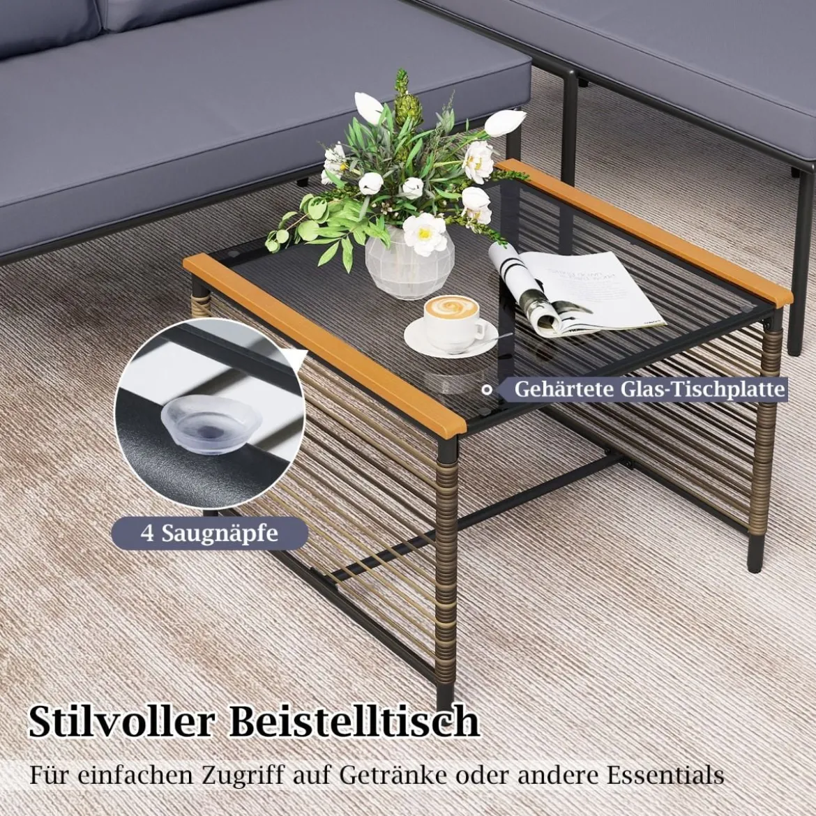 3-teiliges Geflecht-Möbelset Outdoor L-förmiges Sofa mit Kissen & Sicherheitsglas-Beistelltisch Grau