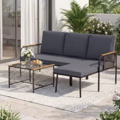 3-teiliges Geflecht-Möbelset Outdoor L-förmiges Sofa mit Kissen & Sicherheitsglas-Beistelltisch Grau