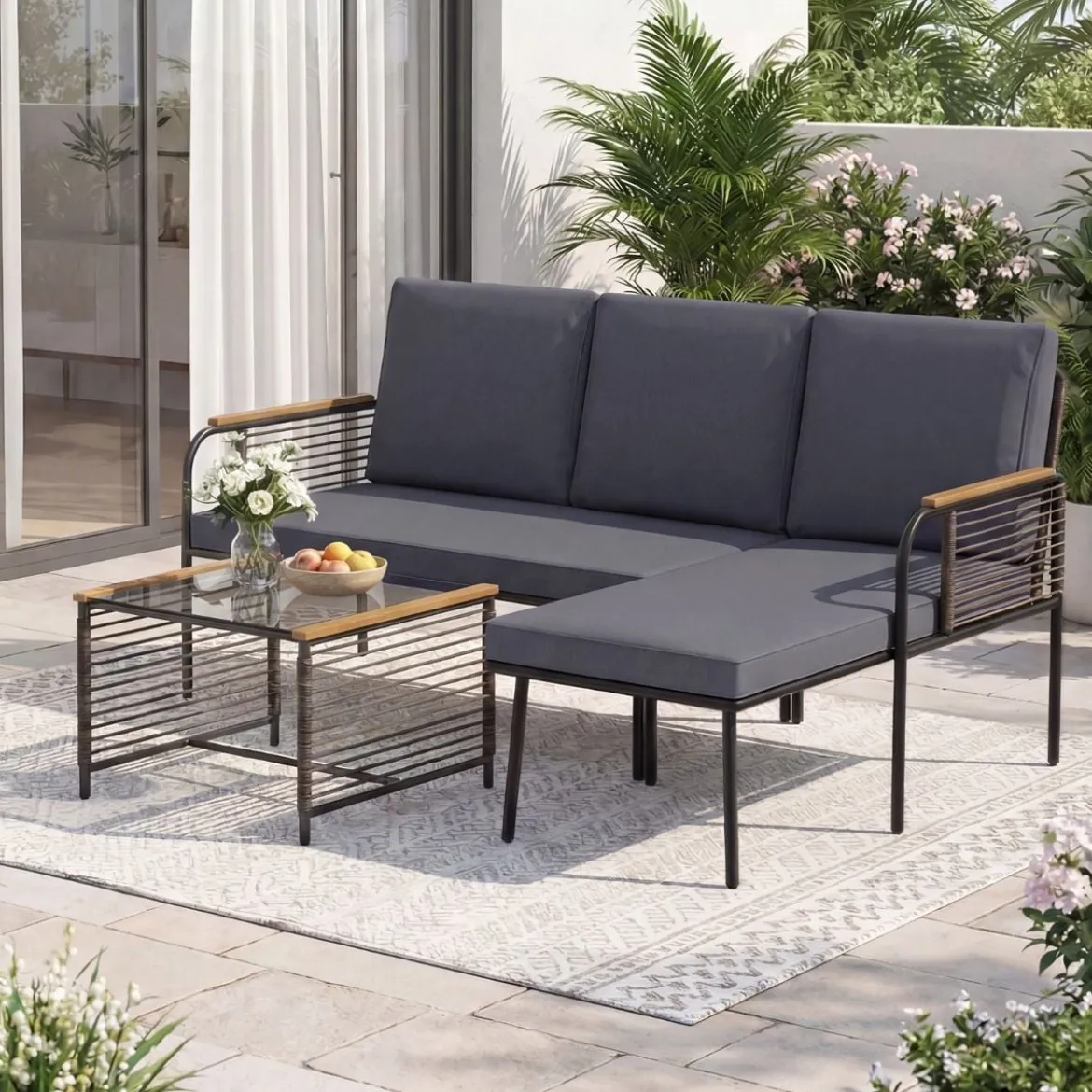 3-teiliges Geflecht-Möbelset Outdoor L-förmiges Sofa mit Kissen & Sicherheitsglas-Beistelltisch Grau