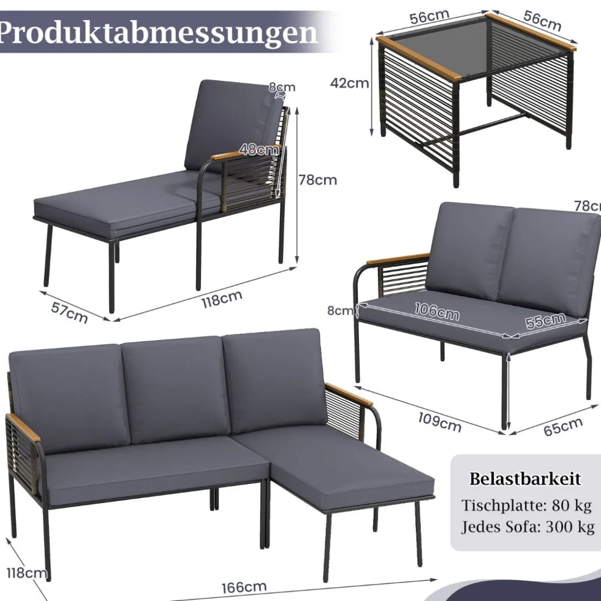 3-teiliges Geflecht-Möbelset Outdoor L-förmiges Sofa mit Kissen & Sicherheitsglas-Beistelltisch Grau