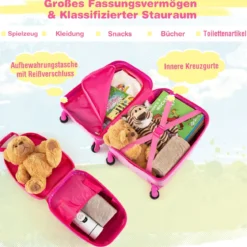 2-teiliges Handgepäck-Set mit Spinner-Rädern rollender Hartschalen-Koffer und Rucksack Rosa Einhorn 12