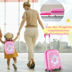 2-teiliges Handgepäck-Set mit Spinner-Rädern rollender Hartschalen-Koffer und Rucksack Rosa Einhorn 12