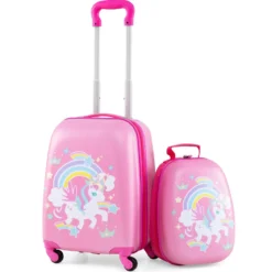 2-teiliges Handgepäck-Set mit Spinner-Rädern rollender Hartschalen-Koffer und Rucksack Rosa Einhorn 12