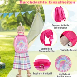 2-teiliges Handgepäck-Set mit Spinner-Rädern rollender Hartschalen-Koffer und Rucksack Rosa Einhorn 12