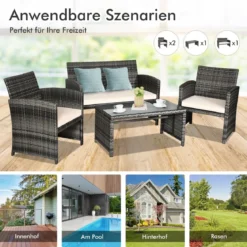 4-teiliges Handgewebtes PE-Rattan-Patio-Möbelset Outdoor-Konversations-Set Schwarz