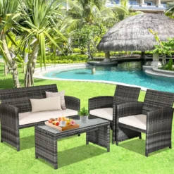 4-teiliges Handgewebtes PE-Rattan-Patio-Möbelset Outdoor-Konversations-Set Schwarz
