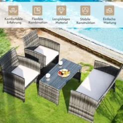 4-teiliges Handgewebtes PE-Rattan-Patio-Möbelset Outdoor-Konversations-Set Schwarz