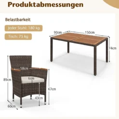 7-teilige Sitzgarnitur mit Tischplatte aus Akazienholz & Stapelbaren Stühlen Braun