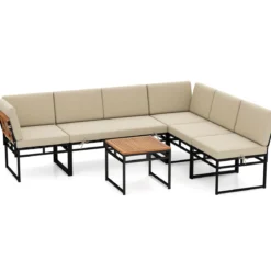 6-teilige Sitzgruppe Outdoor Gartensofa mit Metallrahmen Kissen & Bungee-Seil Sitz Beige
