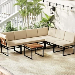 6-teilige Sitzgruppe Outdoor Gartensofa mit Metallrahmen Kissen & Bungee-Seil Sitz Beige