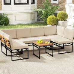 6-teilige Sitzgruppe Outdoor Gartensofa mit Metallrahmen Kissen & Bungee-Seil Sitz Beige