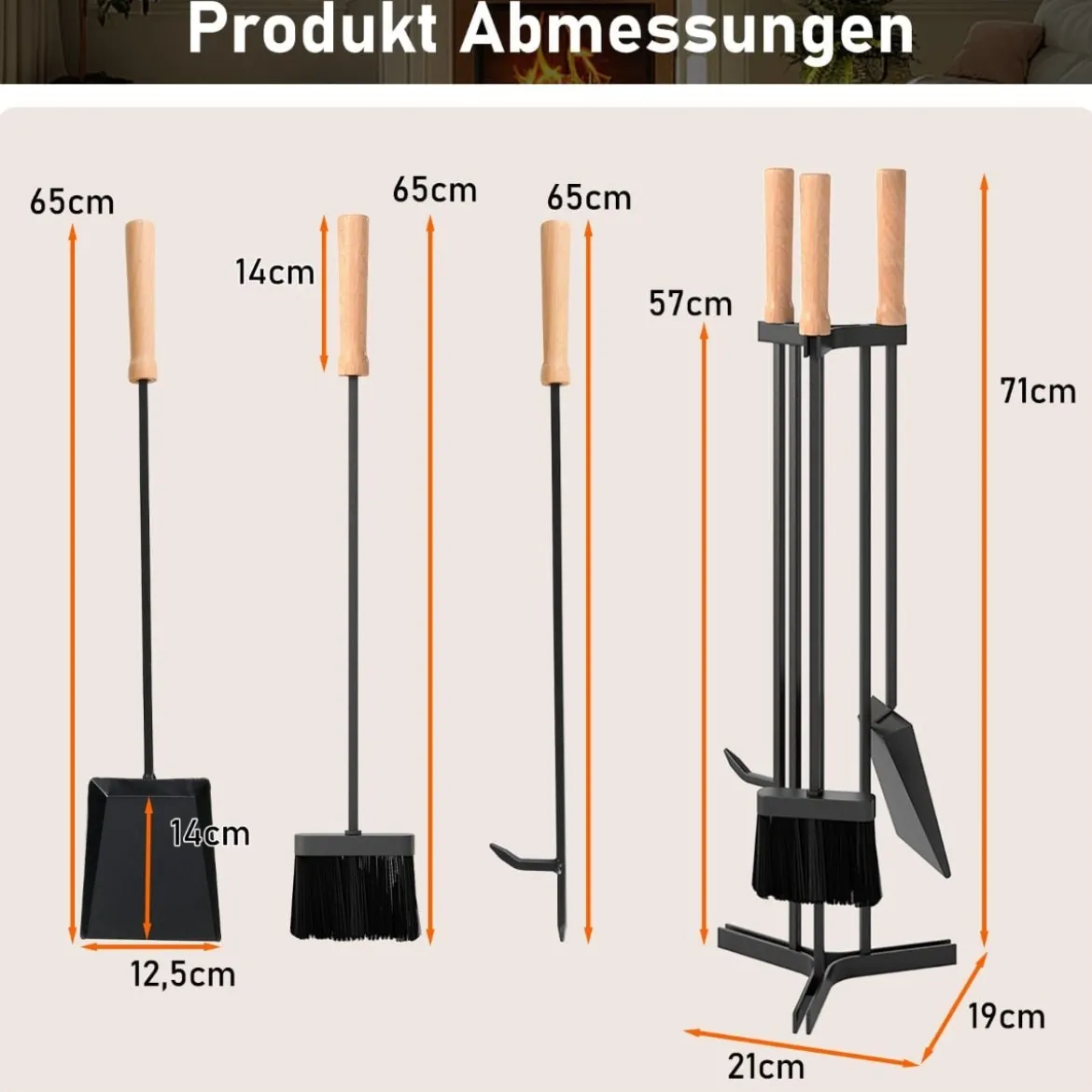 4-teiliges Kaminwerkzeug-Set robustes Metall-Feuerstellen-Kit mit Schürhaken Schaufel Bürste und stabiler Halterung Schwarz