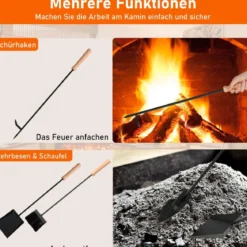 4-teiliges Kaminwerkzeug-Set robustes Metall-Feuerstellen-Kit mit Schürhaken Schaufel Bürste und stabiler Halterung Schwarz