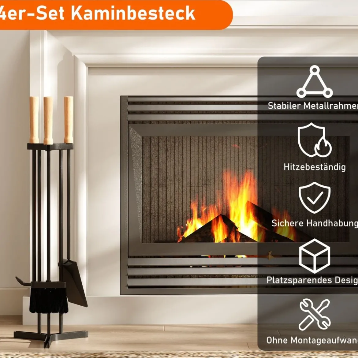 4-teiliges Kaminwerkzeug-Set robustes Metall-Feuerstellen-Kit mit Schürhaken Schaufel Bürste und stabiler Halterung Schwarz