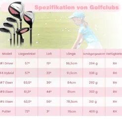 6-teiliges Kinder Golfschläger Set mit Golftasche & Regenhaube für Kinder von 11-13 Jahren Rosa