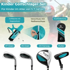 4-teiliges Kinder Golfschläger Set mit Golftasche & Regenhaube für Kinder von 5-7 Jahren Blau