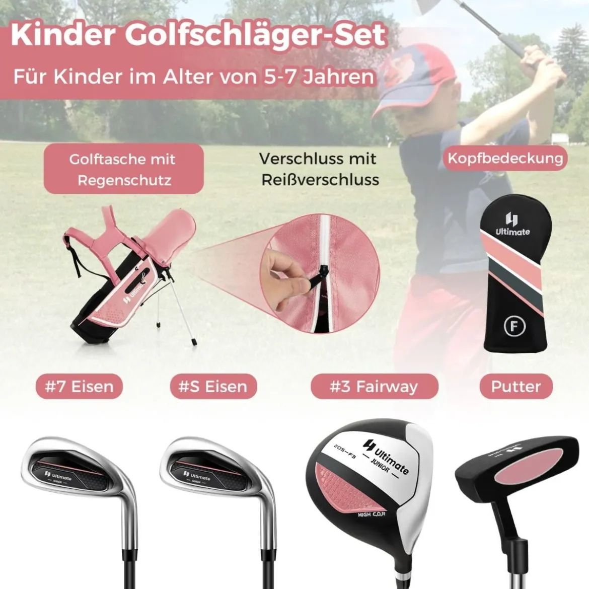 4-teiliges Kinder Golfschläger Set mit Golftasche & Regenhaube für Kinder von 5-7 Jahren Rosa