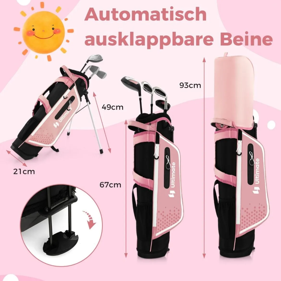 4-teiliges Kinder Golfschläger Set mit Golftasche & Regenhaube für Kinder von 8-10 Jahren Rosa