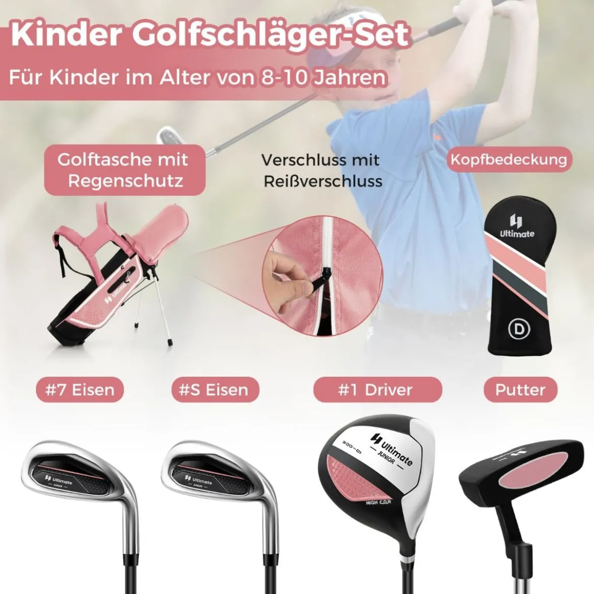 4-teiliges Kinder Golfschläger Set mit Golftasche & Regenhaube für Kinder von 8-10 Jahren Rosa