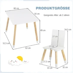 3-teiliges Kindersitzgruppe Holz Kindertisch und 2 Stühle Kinder Aktivitätstisch Weiß