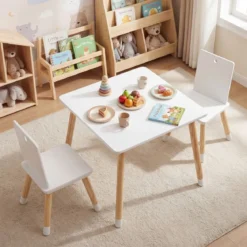 3-teiliges Kindersitzgruppe Holz Kindertisch und 2 Stühle Kinder Aktivitätstisch Weiß