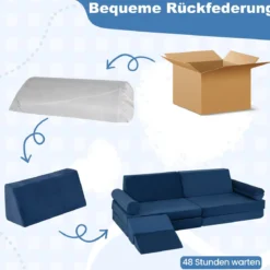10-Teiliges Kindersofa Set Modulares Kinderspielsofa mit Weichem Kristallsamt Maschinenwaschbare Bezüge Blau/Grau