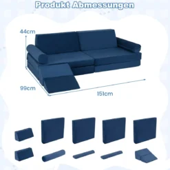 10-Teiliges Kindersofa Set Modulares Kinderspielsofa mit Weichem Kristallsamt Maschinenwaschbare Bezüge Blau/Grau