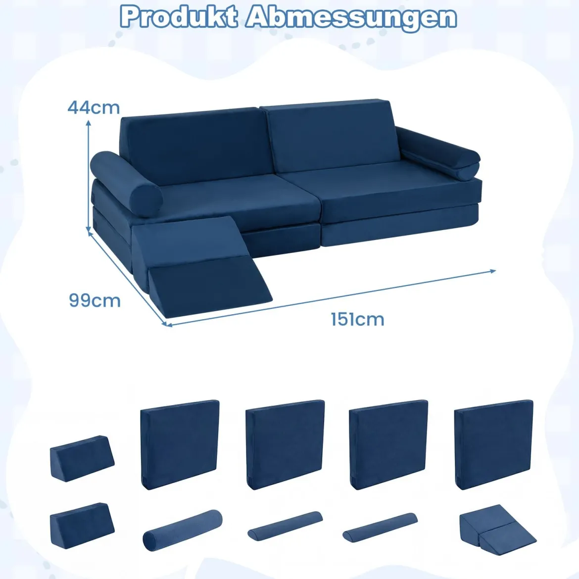 10-Teiliges Kindersofa Set Modulares Kinderspielsofa mit Weichem Kristallsamt Maschinenwaschbare Bezüge Blau/Grau