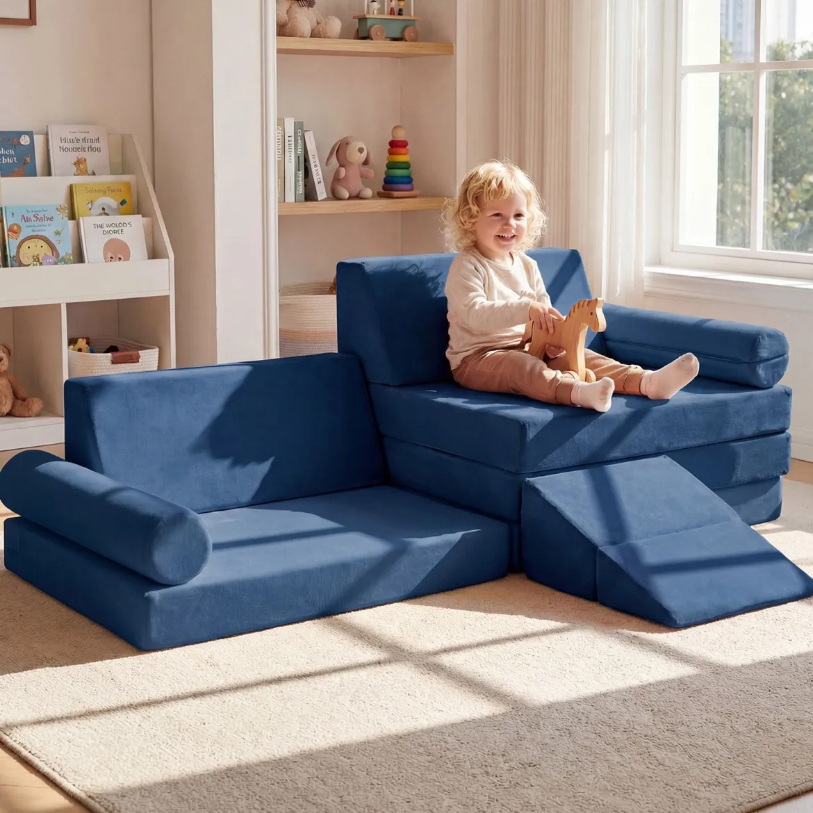 10-Teiliges Kindersofa Set Modulares Kinderspielsofa mit Weichem Kristallsamt Maschinenwaschbare Bezüge Blau/Grau