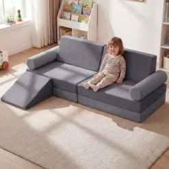 10-Teiliges Kindersofa Set Modulares Kinderspielsofa mit Weichem Kristallsamt Maschinenwaschbare Bezüge Blau/Grau