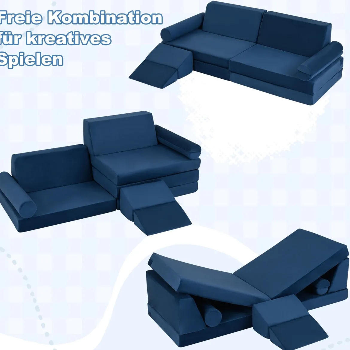 10-Teiliges Kindersofa Set Modulares Kinderspielsofa mit Weichem Kristallsamt Maschinenwaschbare Bezüge Blau/Grau
