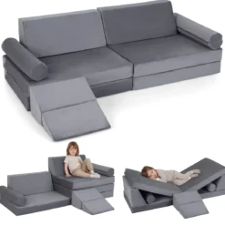 10-Teiliges Kindersofa Set Modulares Kinderspielsofa mit Weichem Kristallsamt Maschinenwaschbare Bezüge Blau/Grau