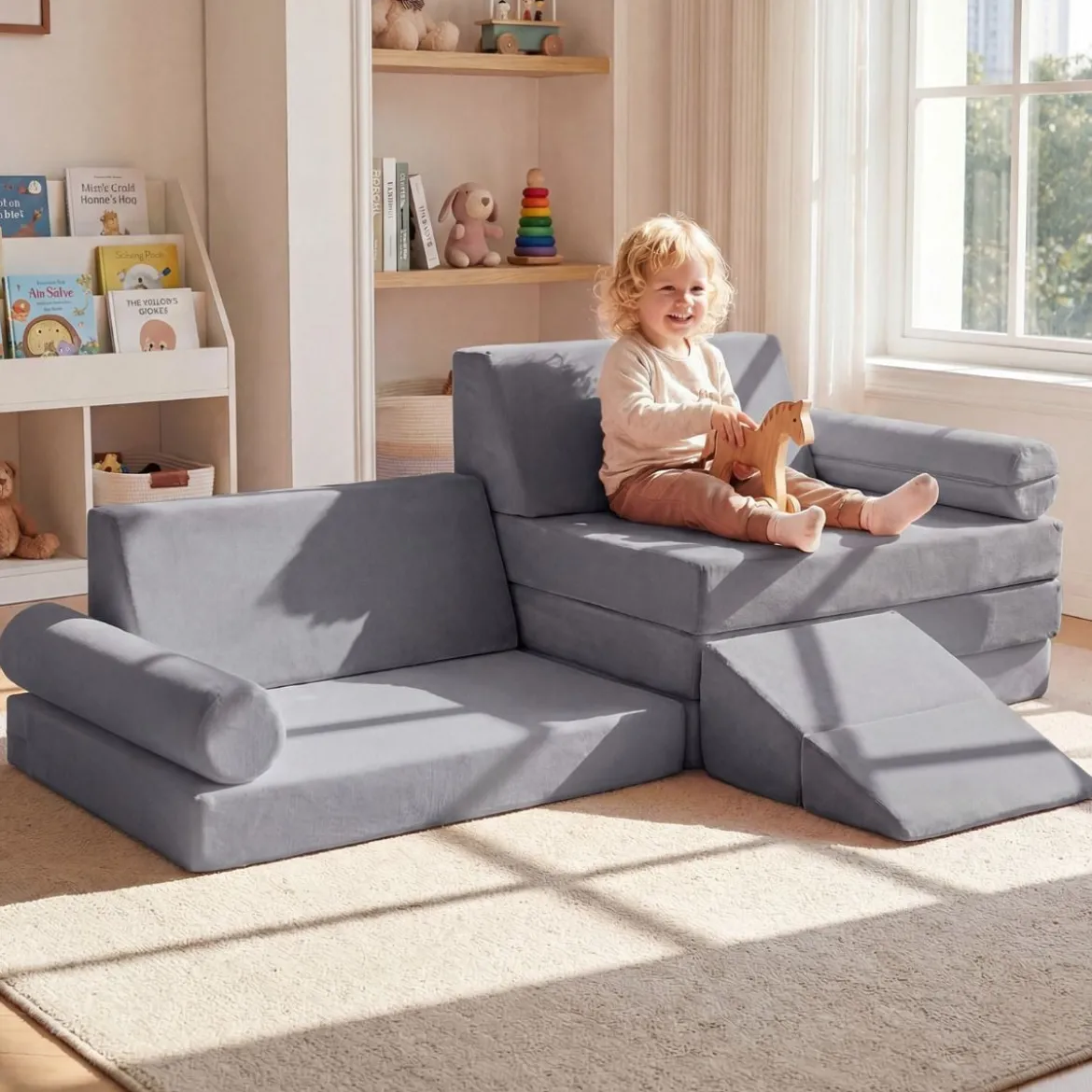 10-Teiliges Kindersofa Set Modulares Kinderspielsofa mit Weichem Kristallsamt Maschinenwaschbare Bezüge Blau/Grau