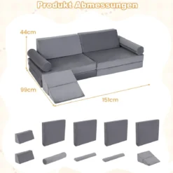 10-Teiliges Kindersofa Set Modulares Kinderspielsofa mit Weichem Kristallsamt Maschinenwaschbare Bezüge Blau/Grau