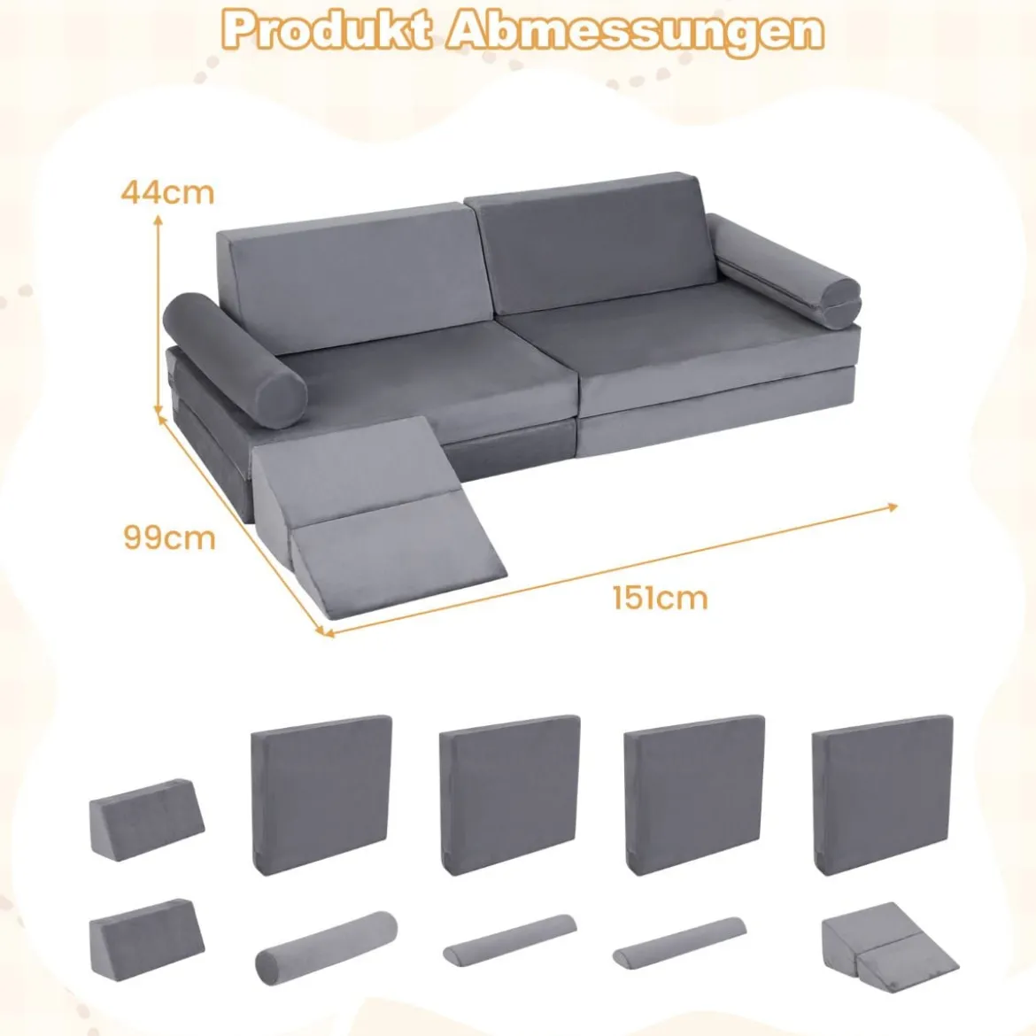10-Teiliges Kindersofa Set Modulares Kinderspielsofa mit Weichem Kristallsamt Maschinenwaschbare Bezüge Blau/Grau