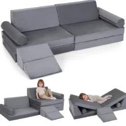 10-Teiliges Kindersofa Set Modulares Kinderspielsofa mit Weichem Kristallsamt Maschinenwaschbare Bezüge Blau/Grau