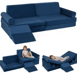 10-Teiliges Kindersofa Set Modulares Kinderspielsofa mit Weichem Kristallsamt Maschinenwaschbare Bezüge Blau/Grau