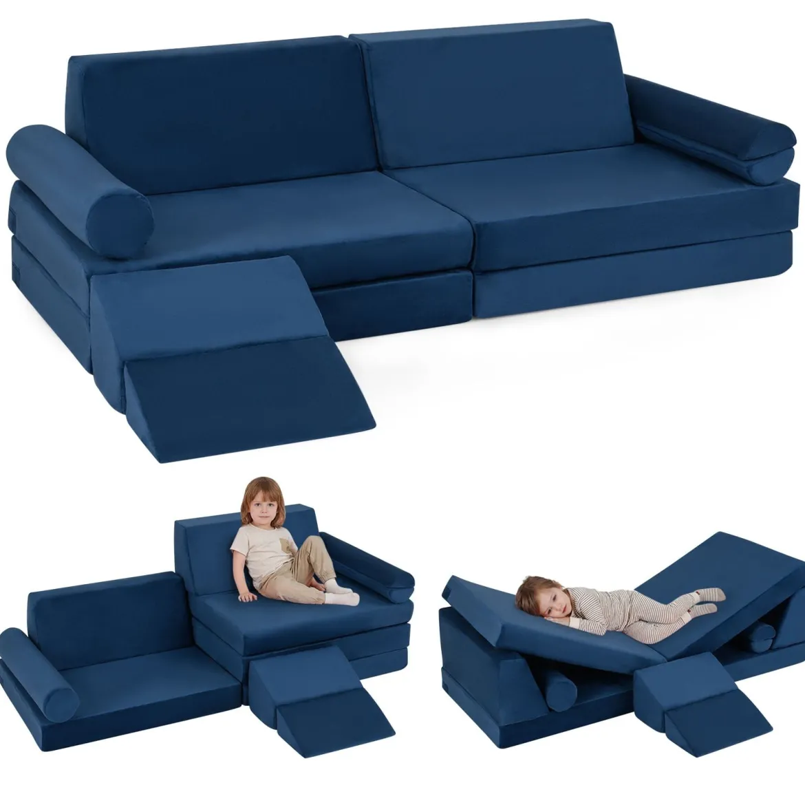 10-Teiliges Kindersofa Set Modulares Kinderspielsofa mit Weichem Kristallsamt Maschinenwaschbare Bezüge Blau/Grau