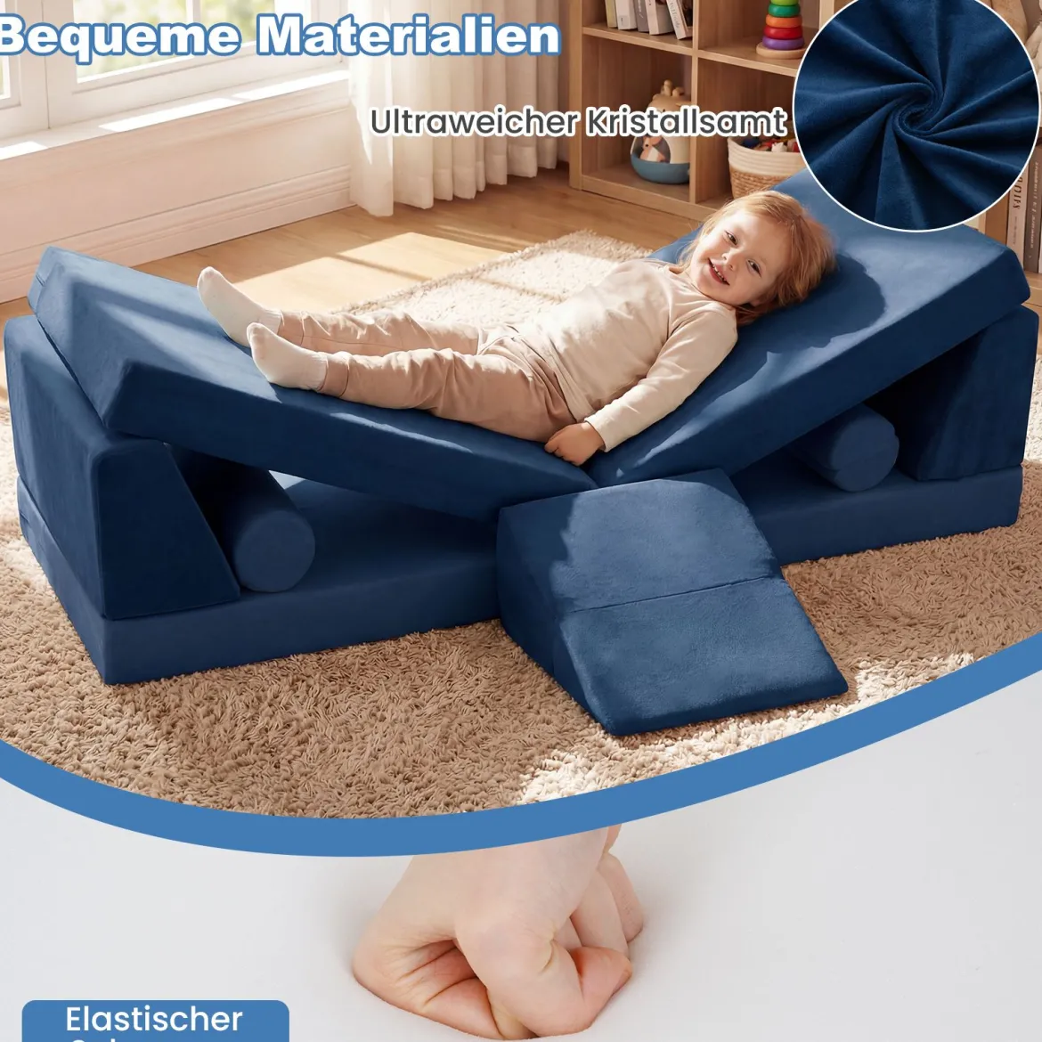 10-Teiliges Kindersofa Set Modulares Kinderspielsofa mit Weichem Kristallsamt Maschinenwaschbare Bezüge Blau/Grau