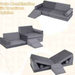 10-Teiliges Kindersofa Set Modulares Kinderspielsofa mit Weichem Kristallsamt Maschinenwaschbare Bezüge Blau/Grau