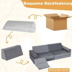 10-Teiliges Kindersofa Set Modulares Kinderspielsofa mit Weichem Kristallsamt Maschinenwaschbare Bezüge Blau/Grau
