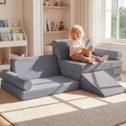 10-Teiliges Kindersofa Set Modulares Kinderspielsofa mit Weichem Kristallsamt Maschinenwaschbare Bezüge Blau/Grau