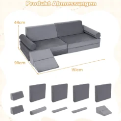 10-Teiliges Kindersofa Set Modulares Kinderspielsofa mit Weichem Kristallsamt Maschinenwaschbare Bezüge Blau/Grau