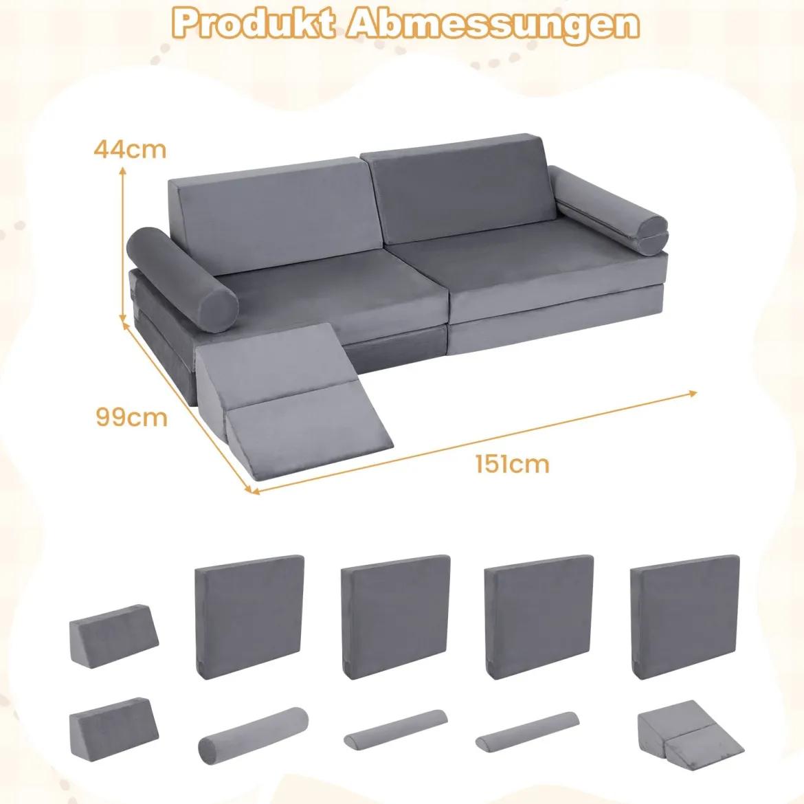 10-Teiliges Kindersofa Set Modulares Kinderspielsofa mit Weichem Kristallsamt Maschinenwaschbare Bezüge Blau/Grau