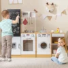 3-teiliges Kinder-Spielküchenset Holz Spielküche mit realistischen Geräuschen & Lichtern Natur + Weiß