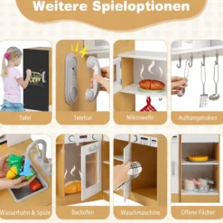 3-teiliges Kinder-Spielküchenset Holz Spielküche mit realistischen Geräuschen & Lichtern Natur + Weiß