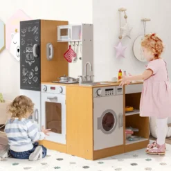 3-teiliges Kinder-Spielküchenset Holz Spielküche mit realistischen Geräuschen & Lichtern Natur + Weiß