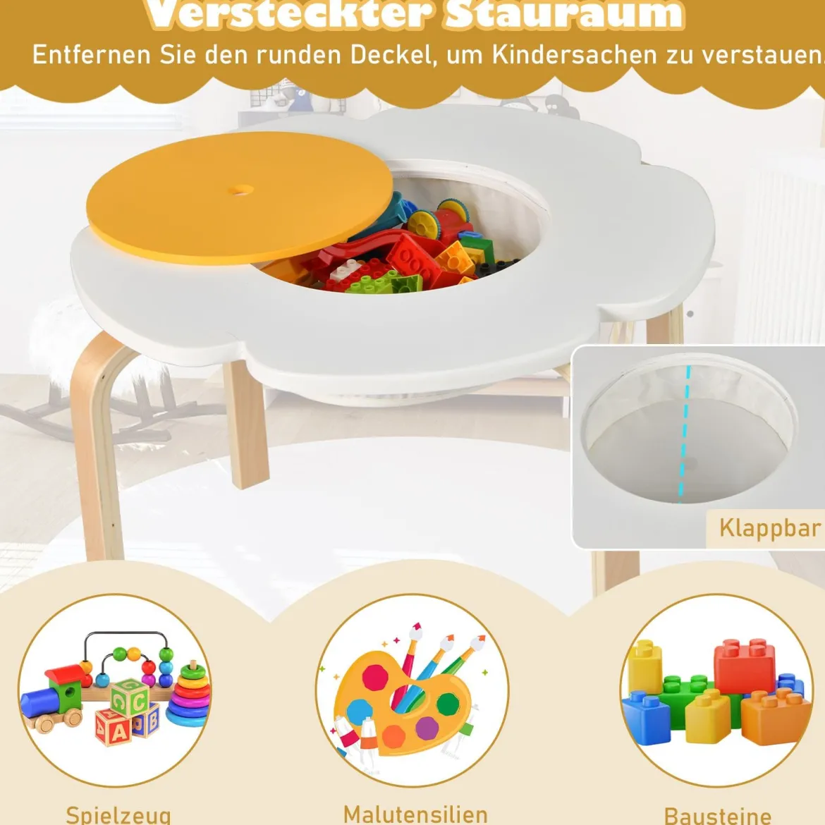 5 Teiliges Kinder Tisch Stuhl Set in Blumenform mit Stauram Kindersitzgruppe Maltisch aus Holz